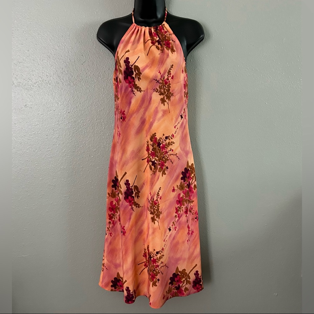 Vintage Dizaro Collection Sunset Floral Halter Dress Size 9 Pink Orange 90s